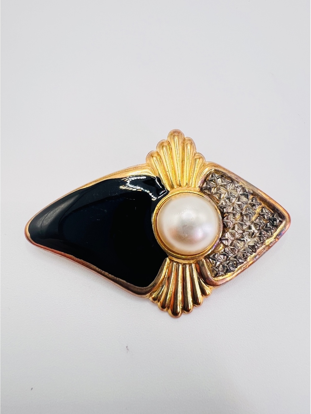 Vintage Black Enamel Faux Pearl Rhinestone Brooch Gold Tone Art Deco Style